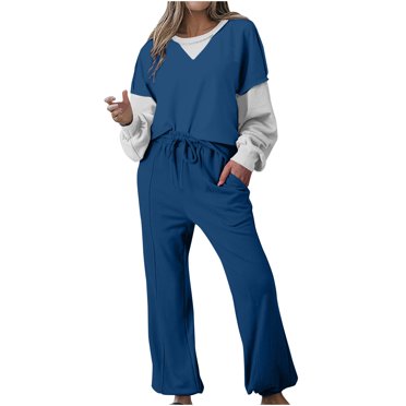 Posijego Womens Sweatsuit 2 Piece Color Block Crewneck Pullover Sweatshirts Pants Lounge Outfits Tracksuit