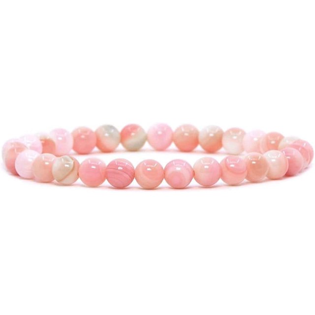 Angelstones Natural American Pink Queen Conch Shell 6mm Round Beads Stretch Bracelet 6.5" Unisex