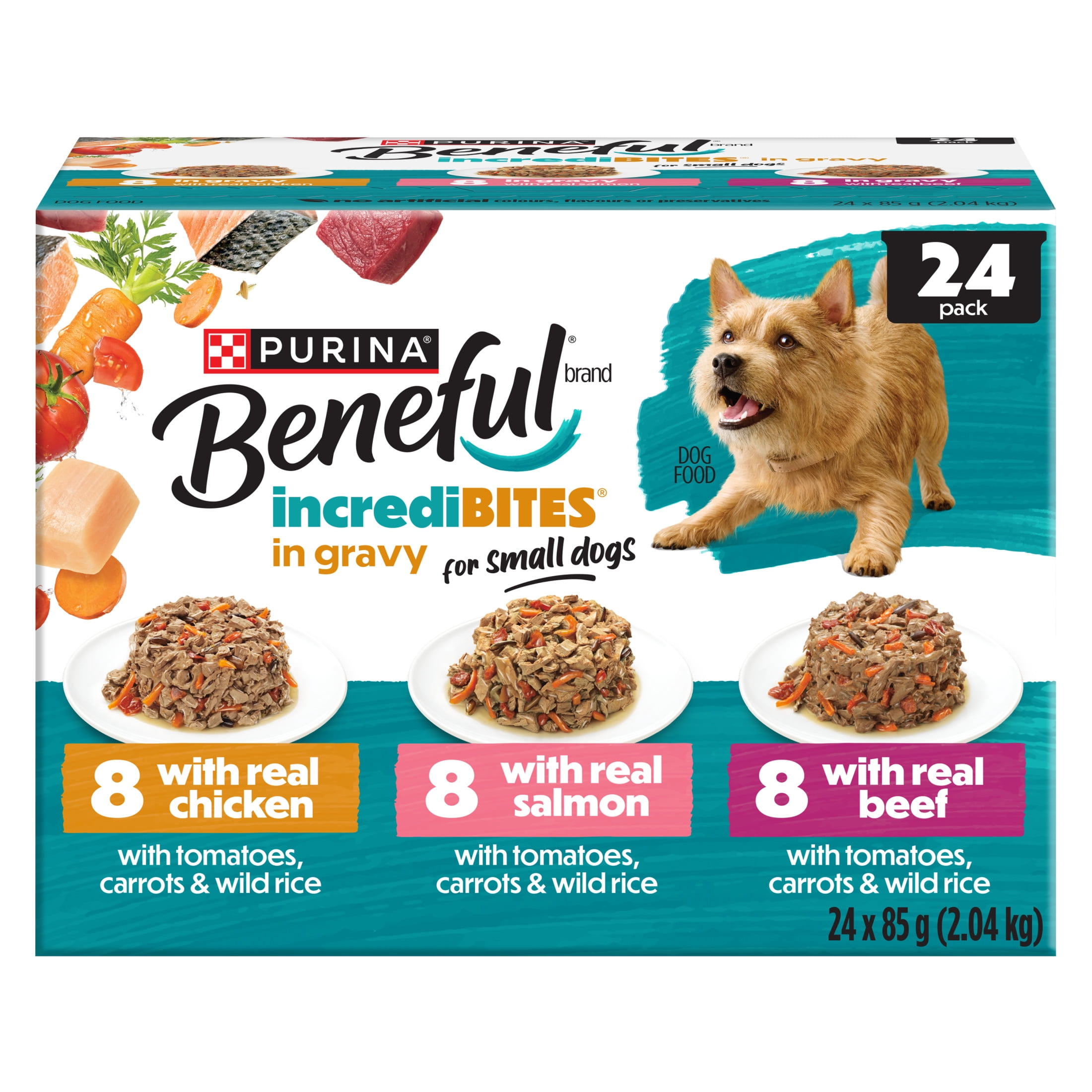 Beneful Incredibites Real Chicken, Salmon, and Beef in Gravy Variety Pack, Wet Dog Food 85 g x 24