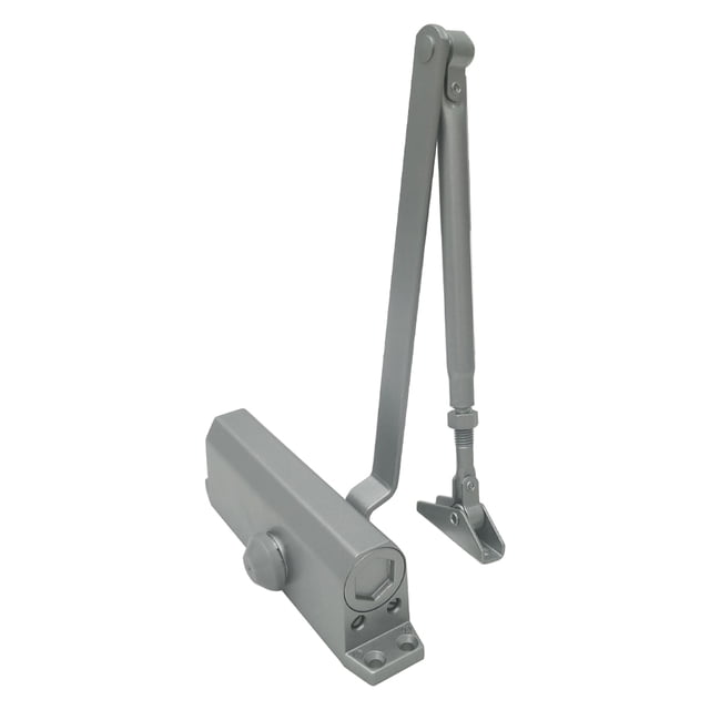 INTBUYING Commercial Door Closer in silver aluminum alloy with a compact design, suitable for doors weighing 65-85kg (143.3-187.4lbs) and widths of 31.5-47.2 inches (800-1200mm). Features include 2 valve control, 90° positioning, 180° no positioning, and a durable high-carbon steel piston rack. Ideal for interior and lightweight exterior doors in hotels, apartments, and residences.