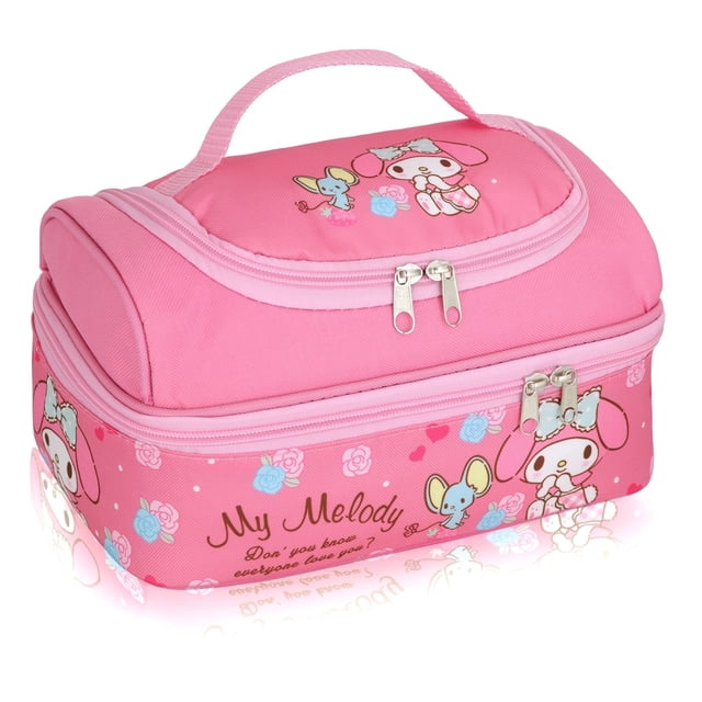 Roffatide Melody Insulated Lunch Bag in pink featuring a charming My Melody anime character design. Made of durable polyester and nylon, this waterproof tote has a large main compartment for food storage and a top pocket for personal items. Ideal for work, school, or travel, it measures 26 x 20 x 14 cm (10.2 x 7.8 x 5.5 inches) and is leakproof and easy to clean.