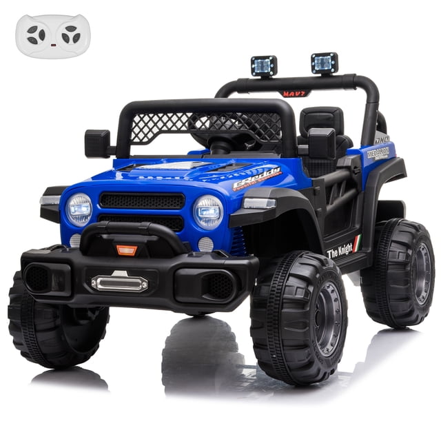 VOLTZ TOYS Jeep 12V Kids Ride On Car Toy with Open Doors, Realistic Lights and Remote Control. This blue ride-on Jeep features rugged styling, openable doors, LED headlights, a working search light, and a built-in music player. Powered by a 12V rechargeable battery and two rear-wheel motors, it reaches speeds of 3–5 km/h and supports up to 66 lbs. Includes a parental remote control for added safety. Suitable for children aged 1–5 years.