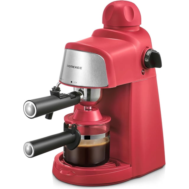 HAHDAXIA Espresso Machine, 3.5Bar Espresso and Cappuccino Machine with Preheating Function in red. Features a compact design with a single switch knob, indicator light, and steam wand for milk frothing. Capable of brewing 1-4 cups of espresso with rich cream. Includes a glass carafe and a secure filter holder.