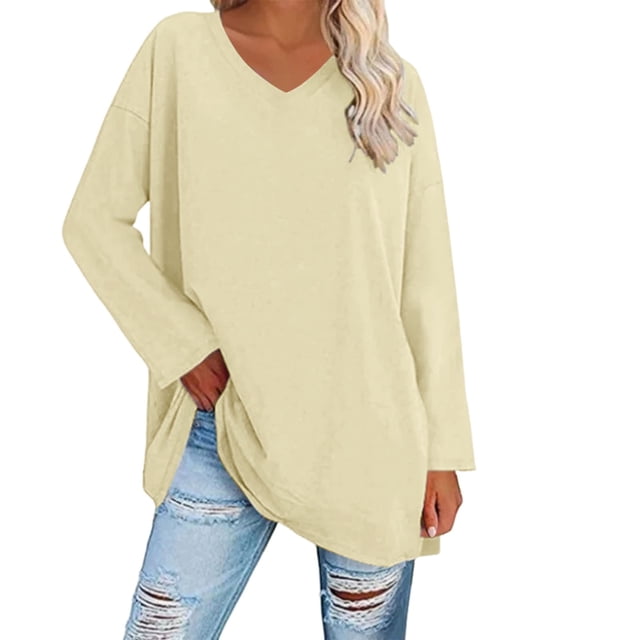 Breezora Tunique à Col Rond Oversize pour Femmes, Manches Longues, Chemise Rayée, Blouse Douce à Coupe Ample, Tenue Décontractée Décontractée, Confort Quotidien 2026, Taille M, Jaune