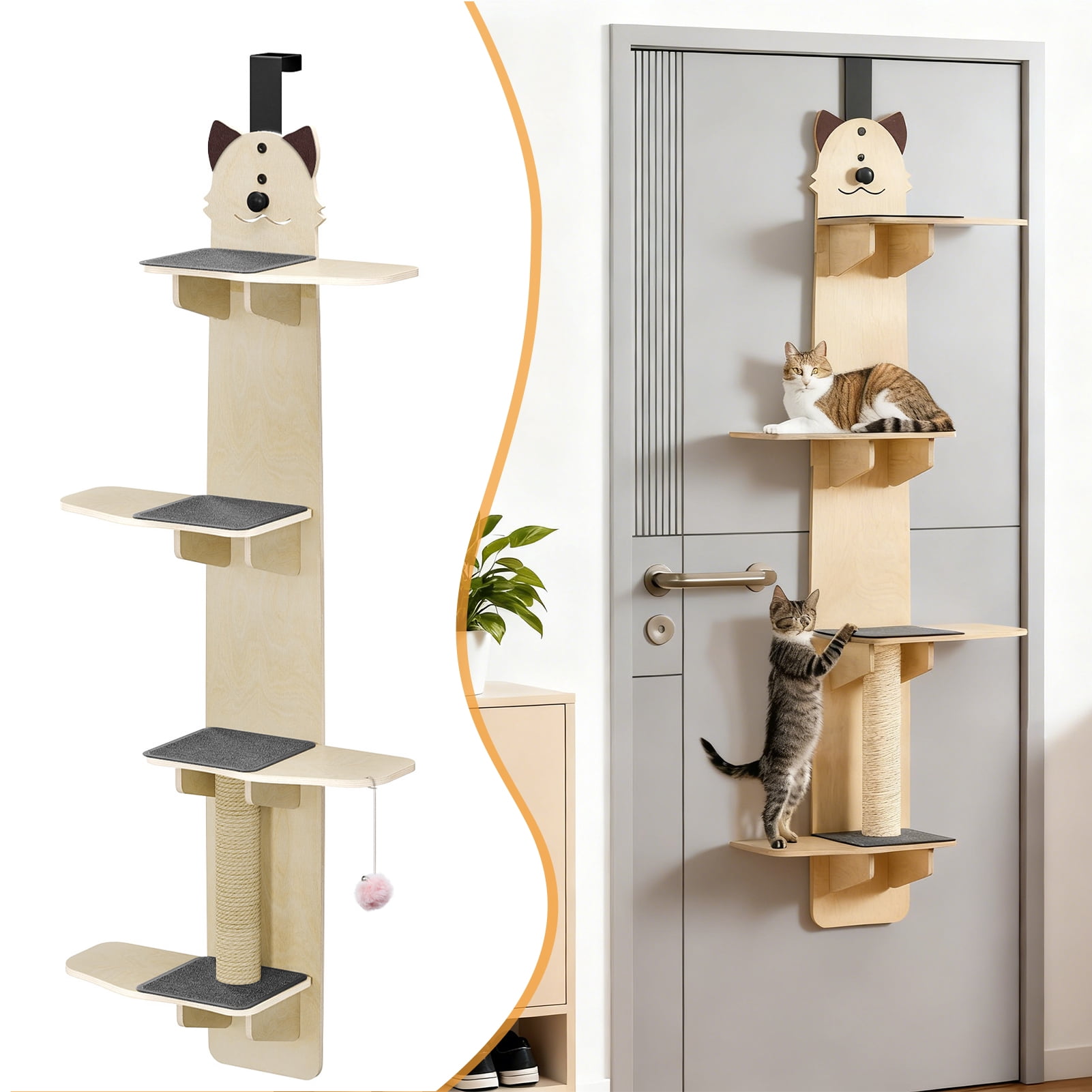 Yedigre  Over-the-Door Cat Tree, 4-Tier 5.6 ft Tall - Saves Floor Space, with Scratching Posts & Pads, 22 lb per Shelf