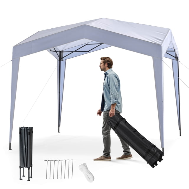 Costway Abri Extérieur Escamotable 10 x 10 Pi avec Sac à Roulettes Supérieur à Hauteur Réglable. Cette Tente à Auvent Blanche Est Fabriquée en Tissu polyester durable avec Revêtement Argenté pour protection Solaire UPF50+. Elle Présente un Cadre en Métal Robuste avec des Plaques de Ferme Renforcées, 8 Piquets de Sol et 4 Cordes Coupe-Vent pour la Stabilité. la Tente Offre Deux Hauteurs Ajustables (8,7 Pi et 9 Pi) et une Conception Supérieure pour Plus d'Espace pour la Tête. un Sac de transport à Roulettes Est Inclus pour un transport Facile, Ce Qui la Rend Adaptée aux Activités de Plein Air comme les Pique-Niques