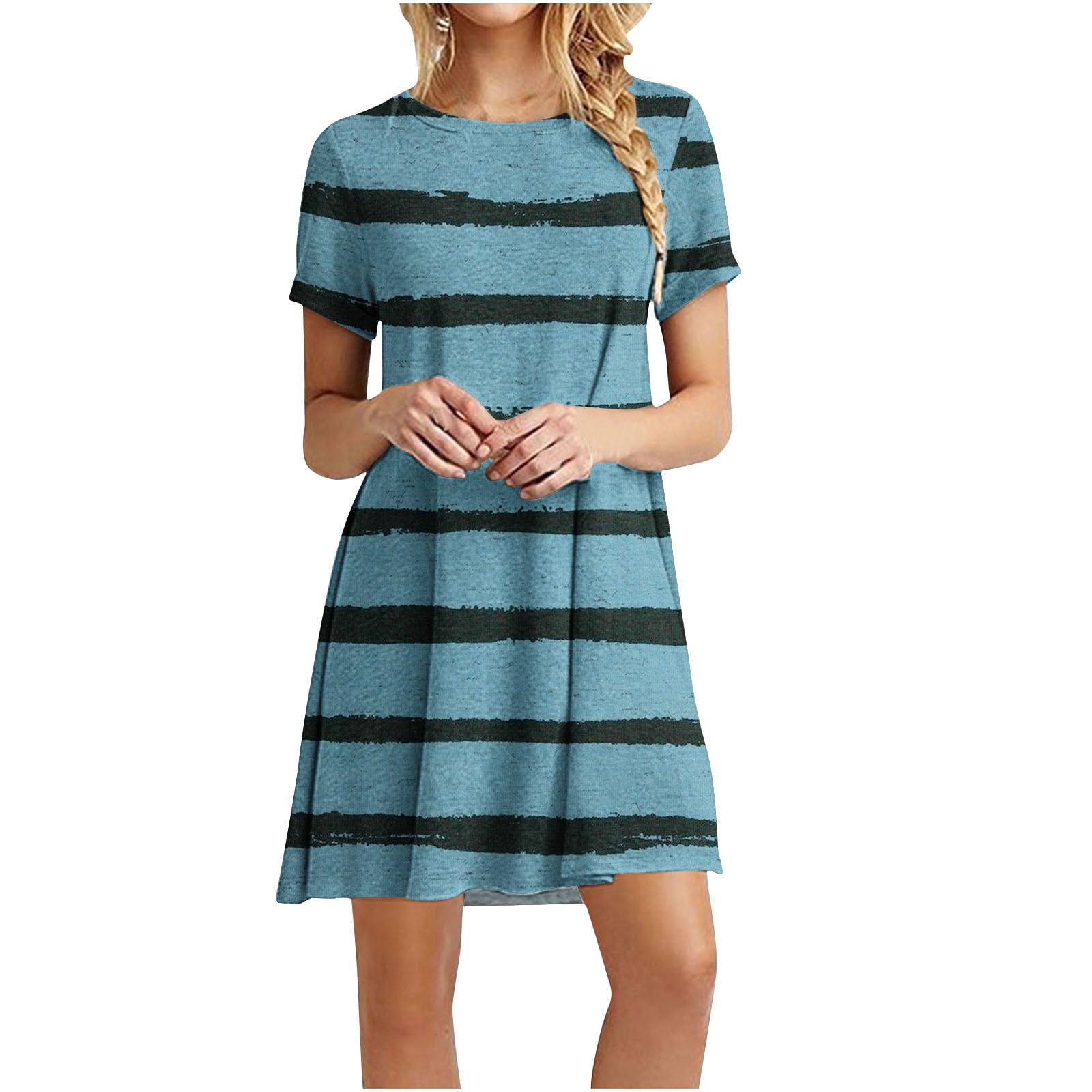 Birdeem Womens Casual Color-Blocking Printed Short-Sleeved Round-Neck Dress