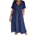 thumbnail image 1 of Cameland Mode Femme Été Décontractée Col en V Uni Manches Courtes Bouton Poche Robe en Coton et Lin, 1 of 9