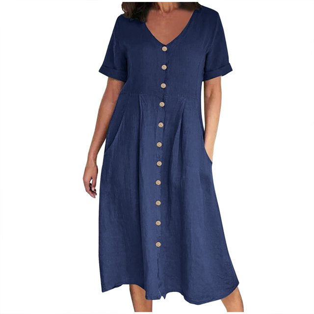 Cameland Mode Femme Été Décontractée Col en V Uni Manches Courtes Bouton Poche Robe en Coton et Lin