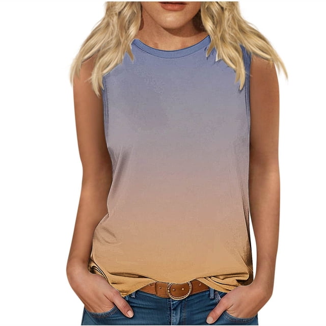Plebaso Débardeurs pour Femmes 2025 Sans Manches Col Rond T-Shirts Décontractés Imprimé Dégradé Blouses d'Été