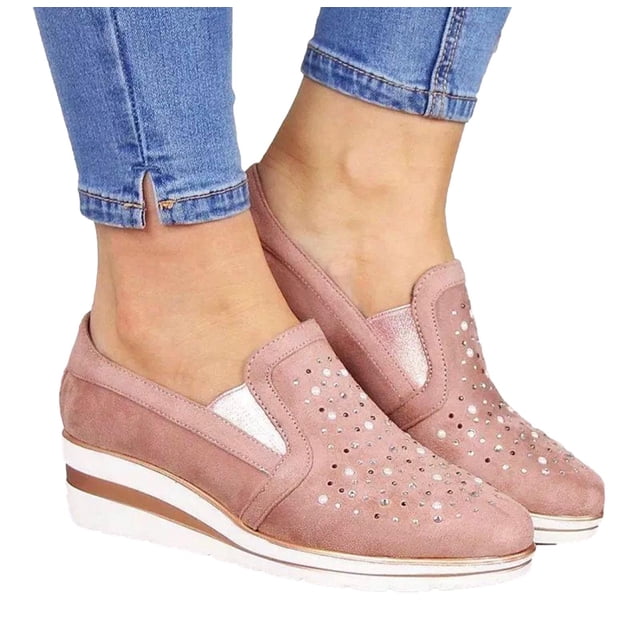 Summer Casual Wedge Walking Shoes Women Rhinestone Breathable Plus Size Sneakers