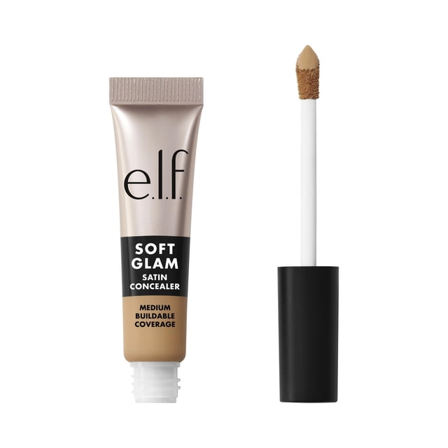 e.l.f. Cosmetics Soft Glam Satin Concealer 22 Light Warm, 6.3 mL, shown as a beige tube with black and metallic taupe labeling and a black-capped doe-foot applicator wand with concealer on the tip, providing medium buildable coverage and a satin finish for face makeup.