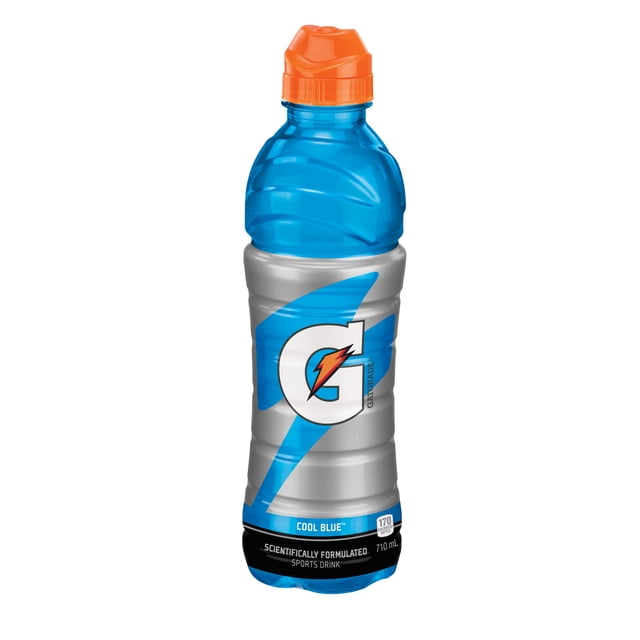 Gatorade Cool Blue Sports Drink 710 mL bottle with a blue translucent upper section and silver body featuring a blue lightning bolt and the Gatorade logo with an orange lightning bolt. It has an orange sports cap and a black label indicating 170 calories and scientific formulation to rehydrate, replenish electrolytes, and refuel muscles, suitable for athletes during exercise.