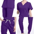 thumbnail image 3 of Womens Medical Jogger Scrub Set Summer Outfits 2 Piece Nursing Uniform Short Sleeve Tops Cargo Pants Working Uniforms, Purple, M, 3 of 3