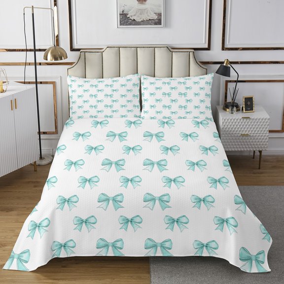 Erosebridal Girly Bow-tie Coverlet Set King, Cyan Ribbon Bedspread Sets King Size, Cartoon Bow Bedding Set, Microfiber Room Decorative, 3 Pieces