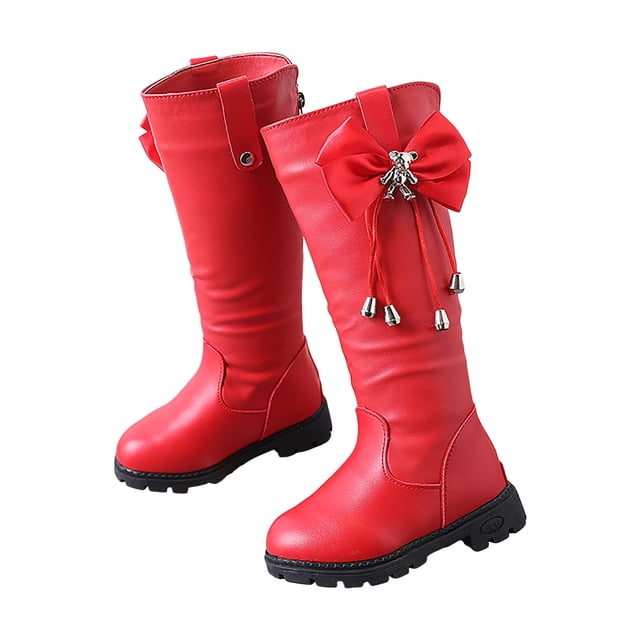 Pandaie Knee High Boots Girls Fashion Bowknot Riding Mid Calf Booties Low Heel Winter Dress Combat Boot Red 11.5