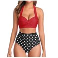thumbnail image 1 of Women Vintage Swimsuit Two Piece Retro Halter Ruched High Waist Print Bikini Set, 1 of 9