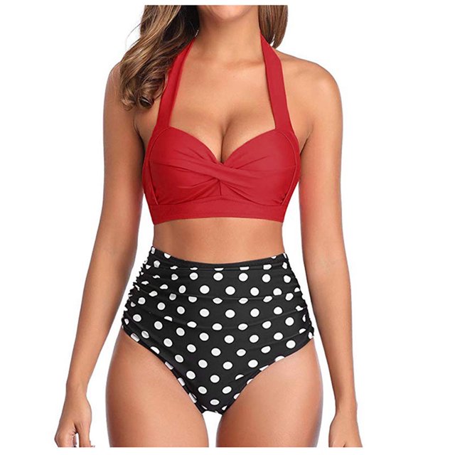 Women Vintage Swimsuit Two Piece Retro Halter Ruched High Waist Print Bikini Set