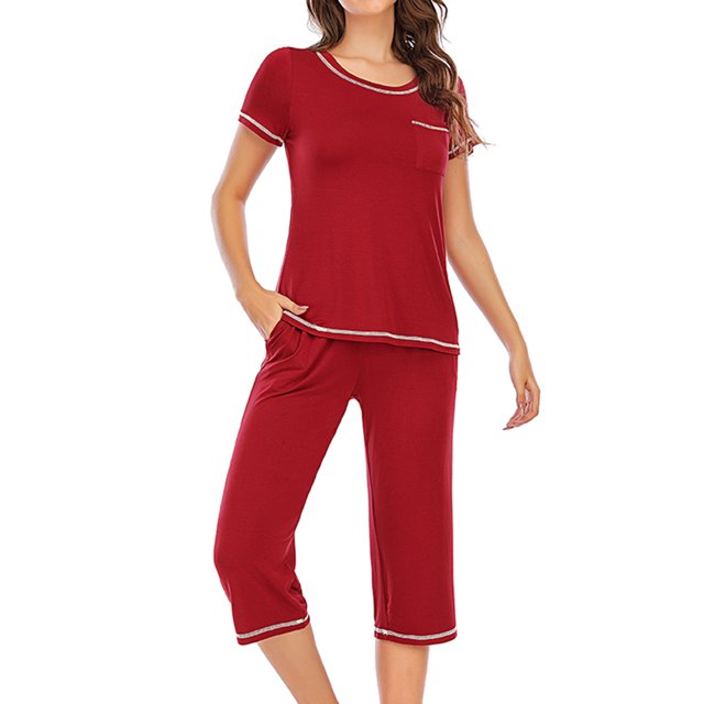 AherBiu Ensembles de Pyjama à Manches Courtes pour Femmes, Hauts à Col Ras du Cou avec Pantalons Capri, Tenue de Nuit 2 Pcs Confortable