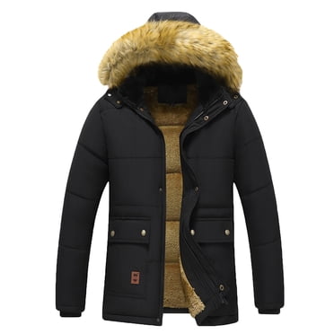 Mceream Men's Thermal Winter Parka Jacket Thick Fluff Lining Cotton Padded Coat with Detachable Fur Hood Plus Size Outwear Ropa Para Invierno Hombre Black M