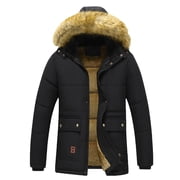 hoksml Men's Mid-Length Parka Coat with Hood Heavyweight Padded Thermal Winter Jacket for Dad Windproof Multi-Pocket Outerwear