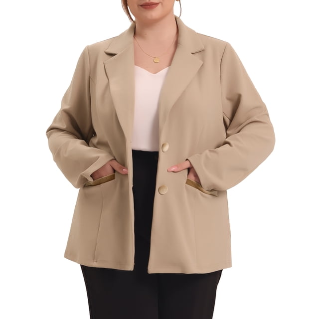 GRACE & GRANDEUR Women's Plus Size Fall Workwear Notched Lapel Button Down Office Blazer in 4X Khaki. The blazer features a notched lapel, button-down front, and long sleeves. It has front besom pockets and a regular fit, offering a professional and polished look. Made from 95% polyester and 5% spandex, it is lightweight, stretchy, and comfortable. The khaki blazer is styled with black pants and a white top, suitable for office wear or casual outings.