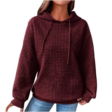 LMKIHUSA Hoodies for Women Waffle Knit Long Sleeve Tops Round Neck Drawstring Plain Tops Pullover Casual Loose 2025 Blouses Army Green,XXL