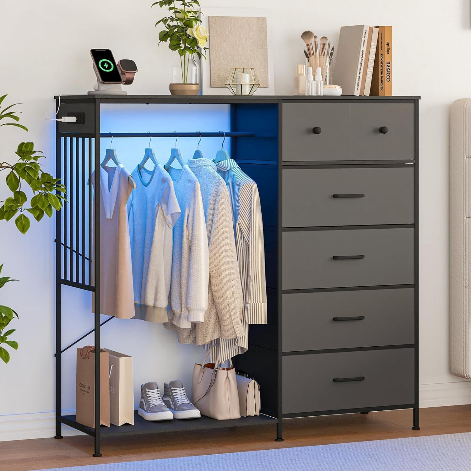 Dresser with Hanging Rack, Reversible 6 Drawers Dresser with Led Lights & Charging Station, Fabric Closet Dressers & Chest of Drawers with Clothes Rack for Girls