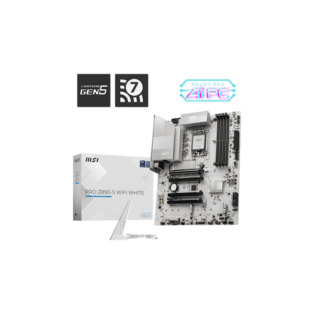 MSI Z890-S WIFI WHITE Gaming Desktop Motherboard with Intel Z890 chipset, LGA-1851 socket, and ATX form factor. Supports DDR5 RAM up to 256GB, PCIe 5.0 and 4.0 M.2 slots, Wi-Fi 7, 2.5Gbps LAN, and Thunderbolt 4 port. Ideal for high-performance gaming setups. Displayed with retail packaging and accessories.