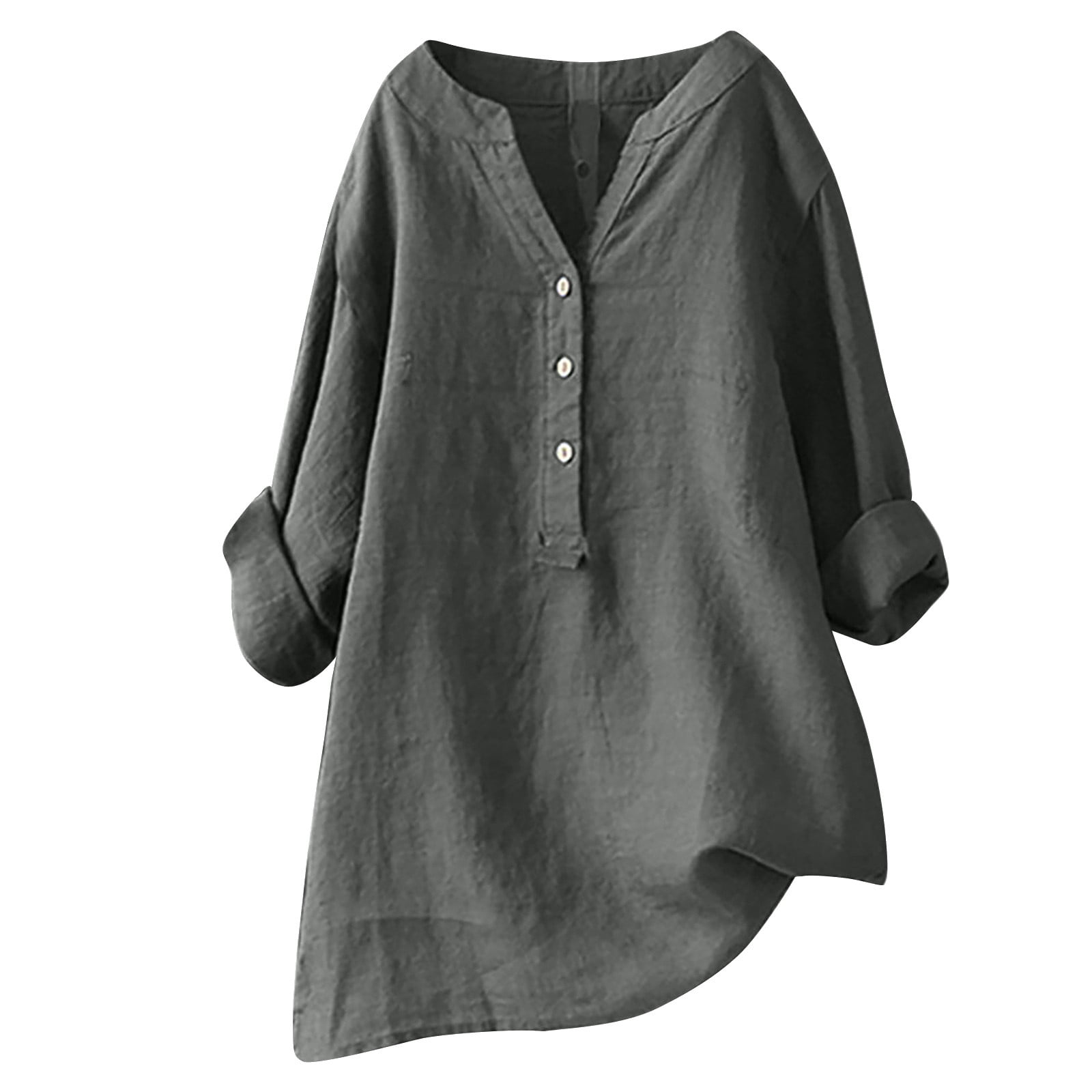 Timegard Plus Size Tops for Women Cotton Linen V Neck Button Long Sleeve Shirts Blouse Fall Loose