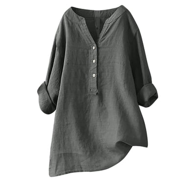 Liquidation d'Été! PEZHADA Hauts pour Femmes, Hauts de Sortie pour Femmes, Hauts Grande Taille pour Femmes, Chemises Tuniques en Coton et Lin à Manches 3/4 Roulées et Col en V, Chemisiers d'Été Gris XXXXXL
