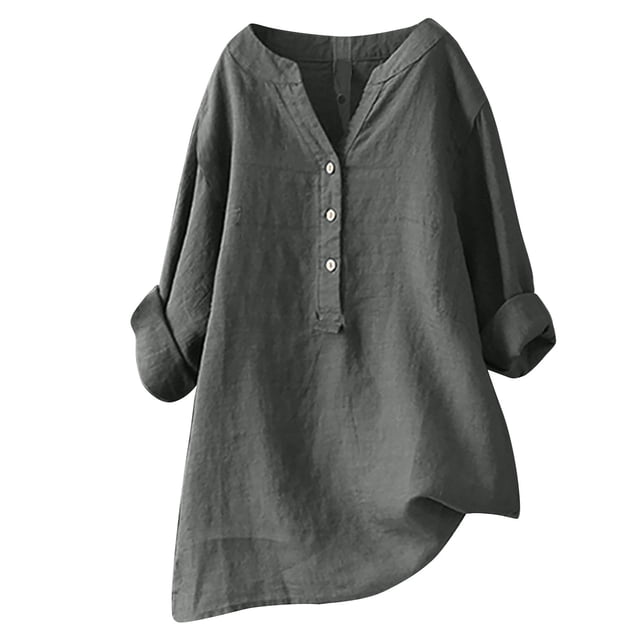Timegard Plus Size Tops for Women Cotton Linen V Neck Button Long Sleeve Shirts Blouse Fall Loose