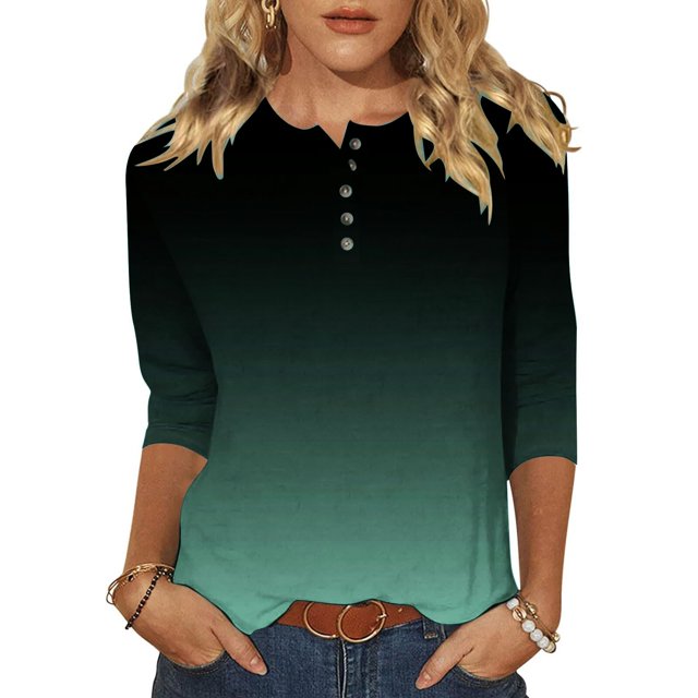 Yuyuzo Womens 3/4 Sleeve Tops Basic Button Crew Neck Solid Color Loose Fitted Tunics Tee Blouses