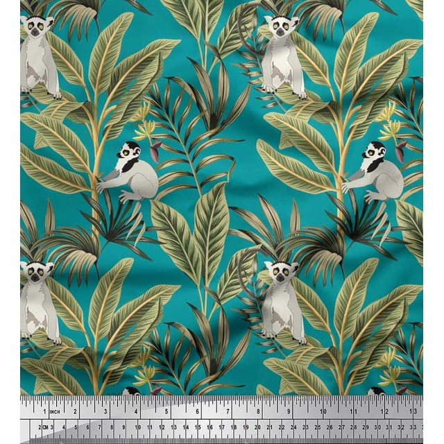 Soimoi Modal Satin Fabric Leaves & Lemur Animal Print Fabric by Yard 42 Inch Wide