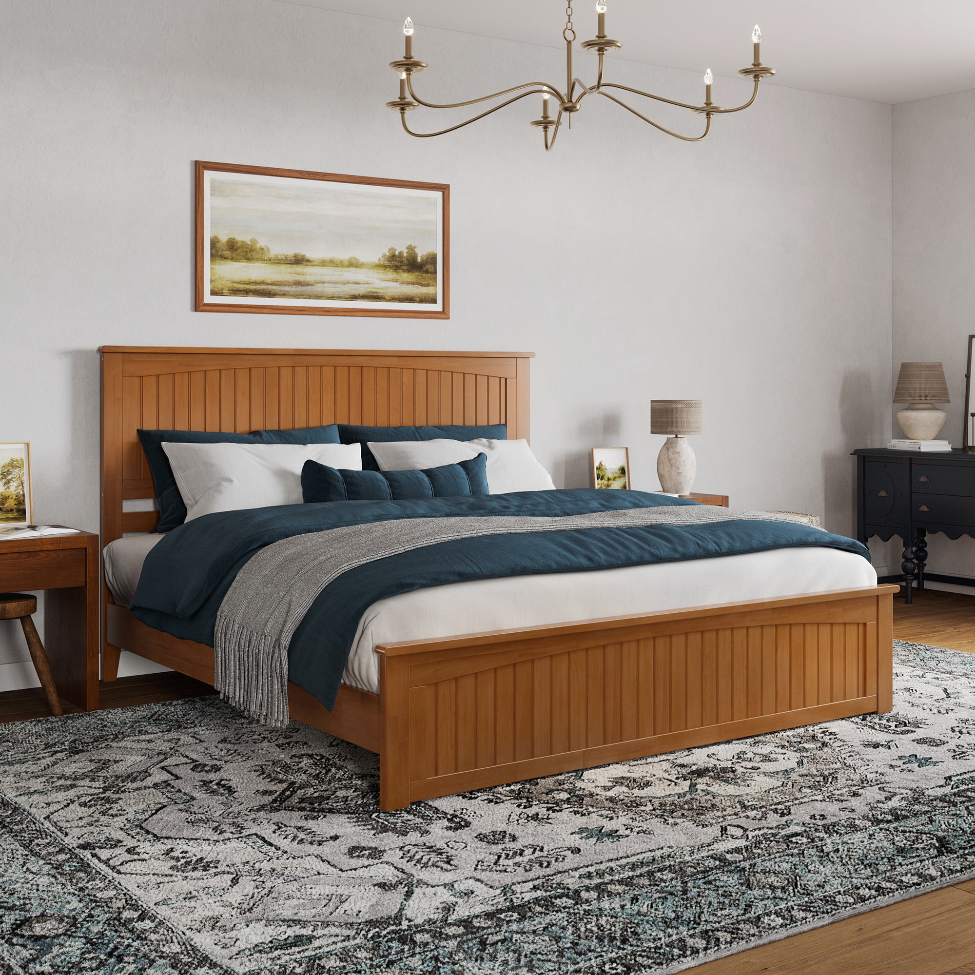 Lit Plateforme Bas Profil Naples Très Grand avec Pied de Lit Assorti, Couleur Caramel Pâle