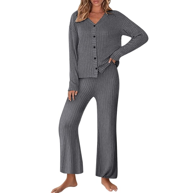 Diufon Matching Lounge Sets for Women Ribbed Long Sleeve Button Tops Matching Pants Sleepwear Set Fall Winter Outfits
