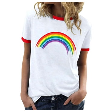 UANWENN Women's Rainbow Printed Short Sleeved T Shirt Top Tee Shirt Long Sleeve Shirt Women for Layering Long Sleeve Layering Tops for Women T Shirt Long Sleeve Womens Tees Women Long Sleeve
