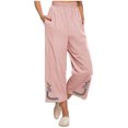 thumbnail image 2 of Womens Wide Leg Cropped Pants Cotton Linen Elastic High Waisted Palazzo Pants with Pockets Pink, 2 of 7