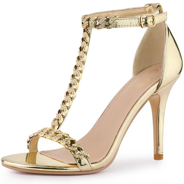 BLISSFUL STEP T Strap Rhinestone Ankle Strap Stiletto Heels Sandals for Women Gold 6 M US