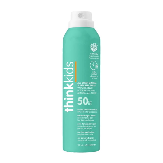 ThinkKids SPF 50 Vaporisateur Écran Solaire Minéral Tout Transparent en Bouteille Cylindrique Turquoise avec Buse de Pulvérisation Blanche, Offrant une protection contre les Récifs, Testé par des Dermatologues à Grand Spectre Uv/vb, Vaporisateur à Air Non Gras, Résistant à l'Eau pendant 80 minutes, Sûr pour les Peaux Sensibles et application Facile Sans Chichis, Convient à une Utilisation active en Plein Air.