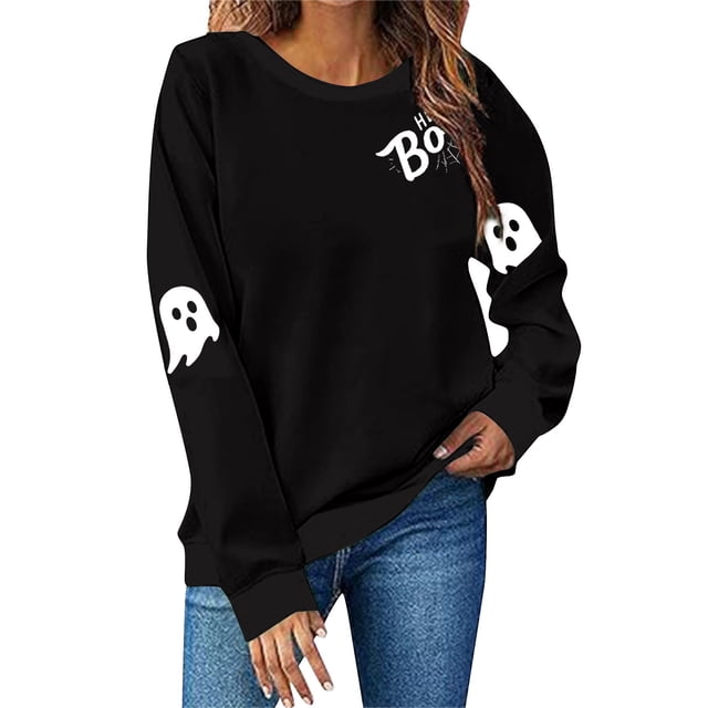 NMMUED Chandails d'Halloween pour Femmes, Hauts de Sortie pour Femmes, Chandail d'Halloween Citrouille, Chandails d'Automne pour Femmes, Chandail d'Halloween Fantôme, Chandails à Col Rond pour Femmes, Noir TG