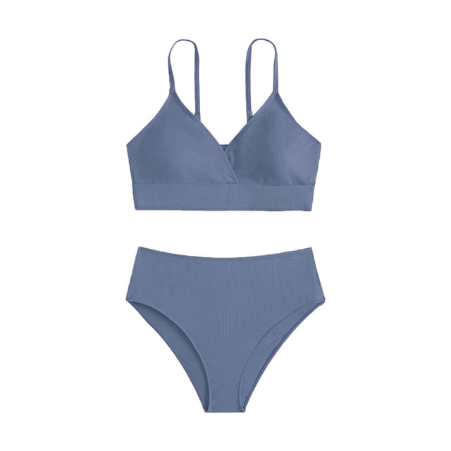 MIASHUI Girls Swimsuit Bikini Set Bathing Suits Two Piece Solid Color Swimwear Bathing Suit,Blue,12-14 Years