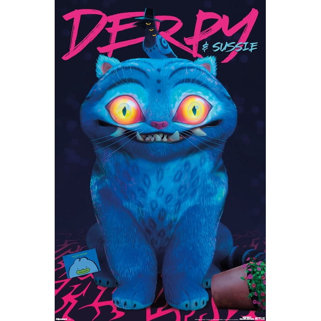 NETFLIX KPOP DEMON HUNTERS (2025) - DERPY & SUSSIE depicts a front-facing digital illustration of a large blue cat with glowing yellow eyes and sharp teeth sitting on a dark surface with pink graffiti-like patterns. A small black bird wearing a hat perches on the cat's head. Nearby is a tipped terracotta flower pot with pink flowers and a blue card featuring a cartoon frog and the text 'HELLO FRIEND'.