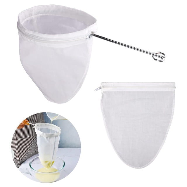 WIFKLSIIPG Sacs Tamis à Mailles Ultra Fines Qualité Commerciale Sacs Filtrants Alimentaires Réutilisables et Cadre en Acier Inoxydable avec Poignée pour Filtrer Lait de Noix Café Lait Beurre Jus et Fromage Frais (Argent)