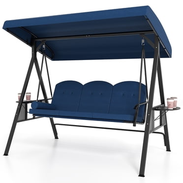 Gymax 3-Seat Patio Swing Chair w/ Adjustable Canopy Thickened Cushions Pillow Outdooor Navy