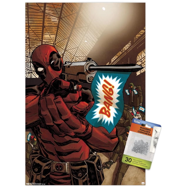 Marvel Comics - Deadpool - Bang Wall Poster, 22.375" x 34", depicting Deadpool in red and black suit aiming a silver revolver with a blue flag reading 'BANG!' in red and yellow, set in a dim industrial background with masked figures holding similar flags, printed on glossy paper with included clear pushpins for easy hanging, suitable for bedroom or office wall décor.