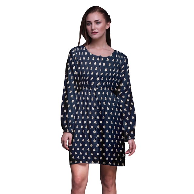 Bimba Robe Midi Boutonnée à Fleurs de Roses Bleues pour Femme Tunique à Manches Longues Haut Smocké-Moyen