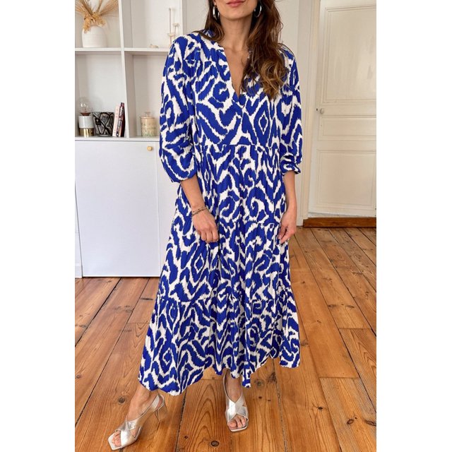 FOLUNSI Blue Elegance Maxi Dress: Geometric Print Charm