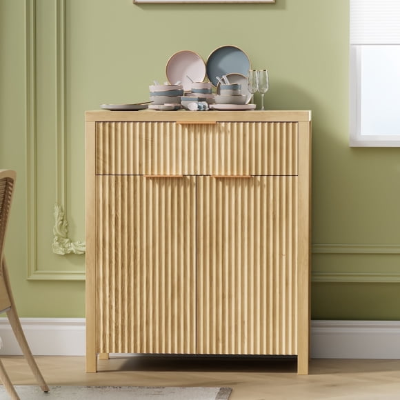 GIKPAL Sideboard Buffet Cabinet, Kitchen Storage Organizer with Adjustable Shelf and Doors, Boho Fluted Accent Cabinet with Storage Drawer for Dining Living Room Furniture, Natural Oak