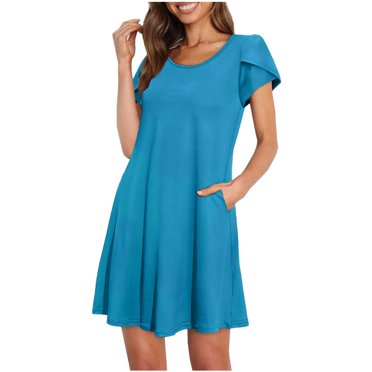 TopLLC Summer Dresses Haut de Gamme Manches Courtes T-Shirt Bleu Robes pour les Femmes avec des Poches - Robe Formelle Décontractée Encolure Dégagée